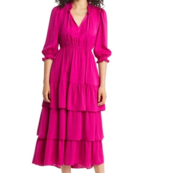 New MELLODAY Ruffle Tiered Satin Midi Dress in Magenta at Nordstrom - Picture 1 of 5
